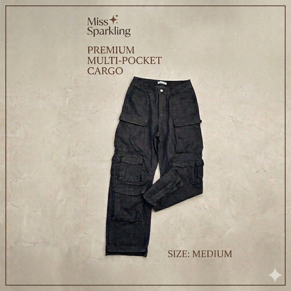 MISS SPARKLING Women’s Multi-Pocket Cargo Jeans Charcoal Wash/Black Denim Size M